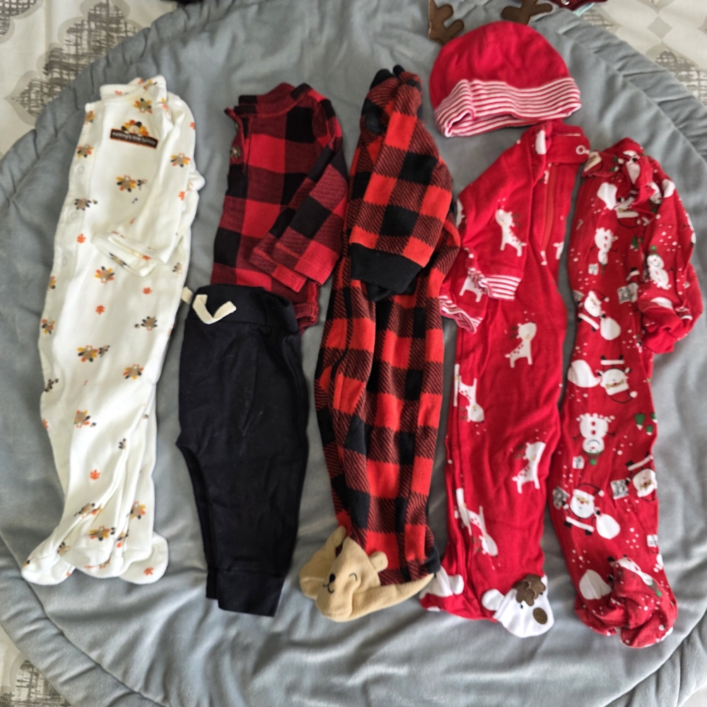 7 Piece -Baby Holiday Footed Pajamas Bundle - Red Buffalo Plaid & Festive Prints